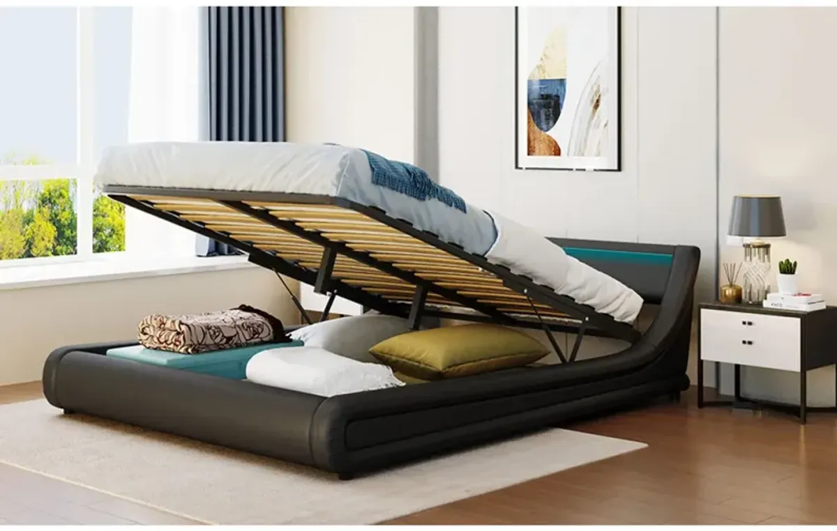 Upholstered PU Leather Platform Bed With A Hydraulic Storage System With LED Light Headboard