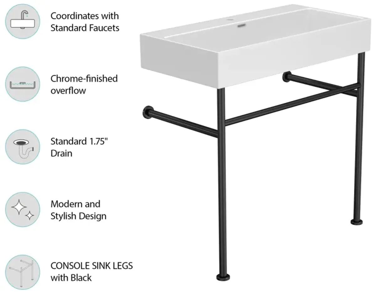 30" Bathroom Console Sink With Overflow, Ceramic Console Sink White Basin Black Legs