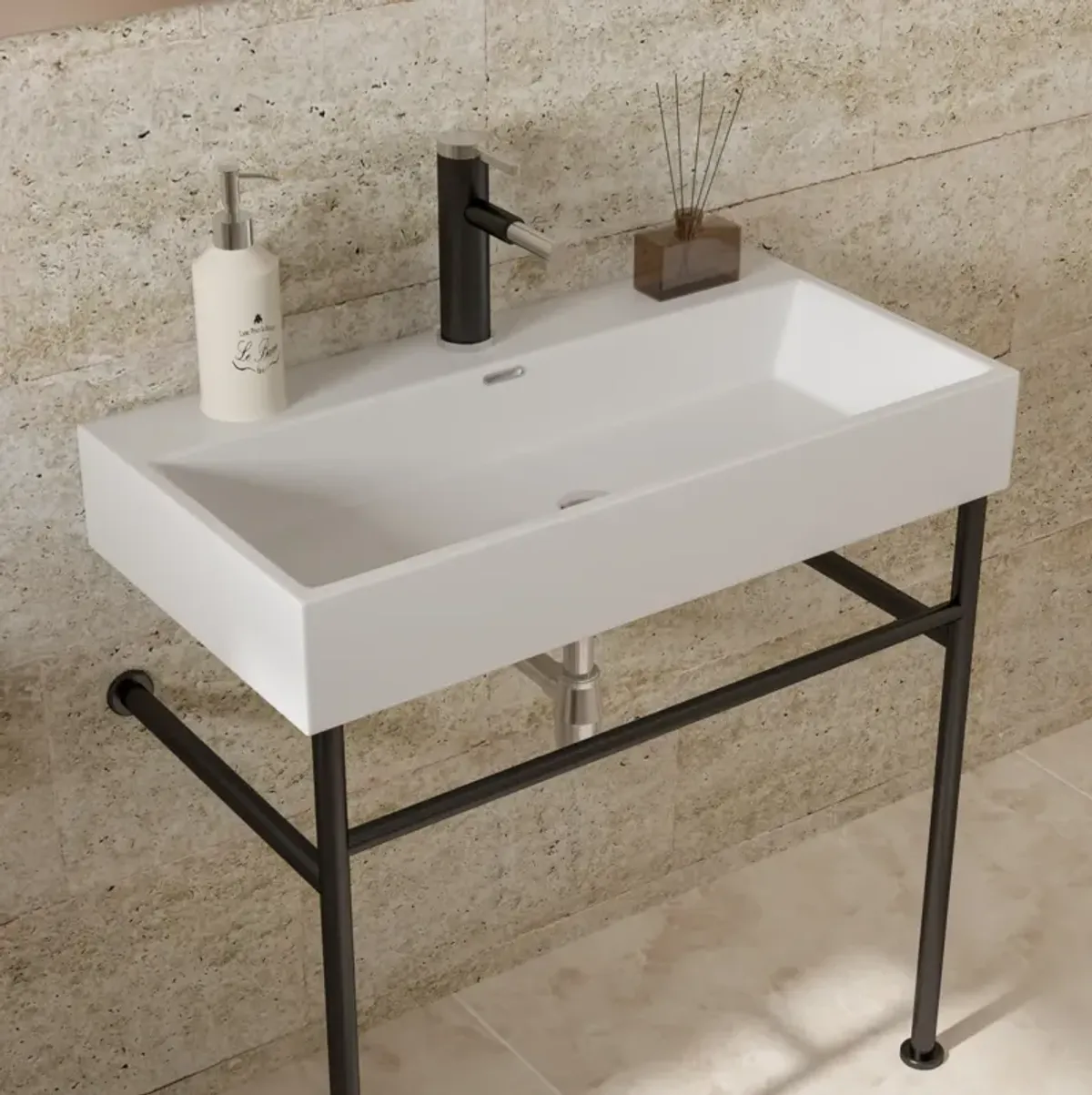 30" Bathroom Console Sink With Overflow, Ceramic Console Sink White Basin Black Legs