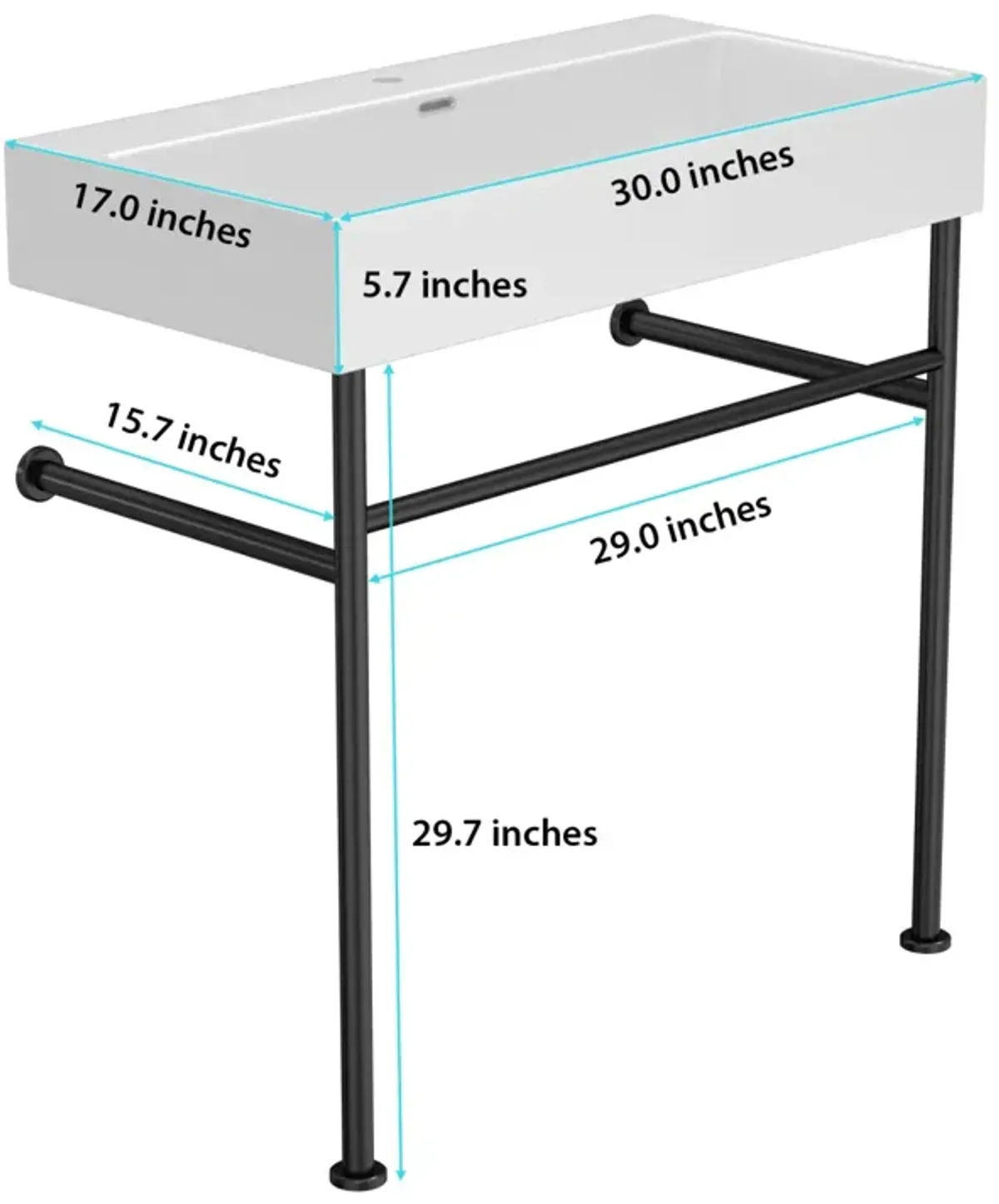 30" Bathroom Console Sink With Overflow, Ceramic Console Sink White Basin Black Legs