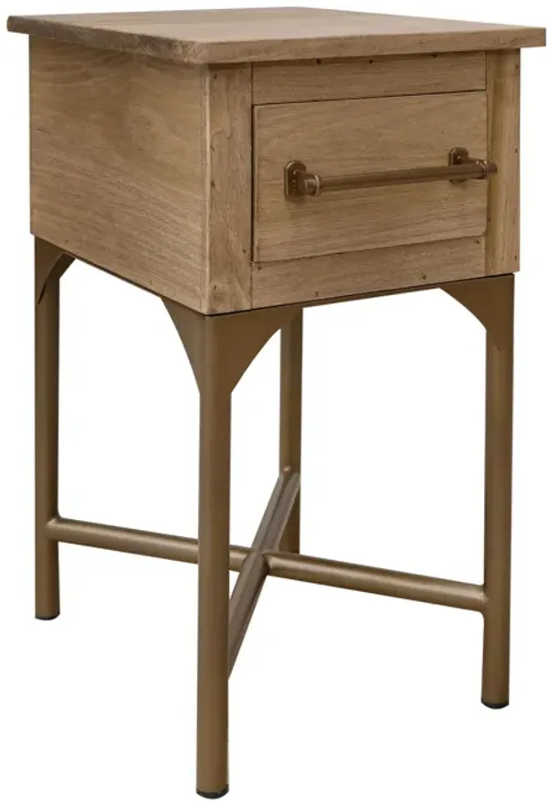 Bera 14 Inch Side End Table, Cross Metal Base, Drawer, Farmhouse Brown - Benzara