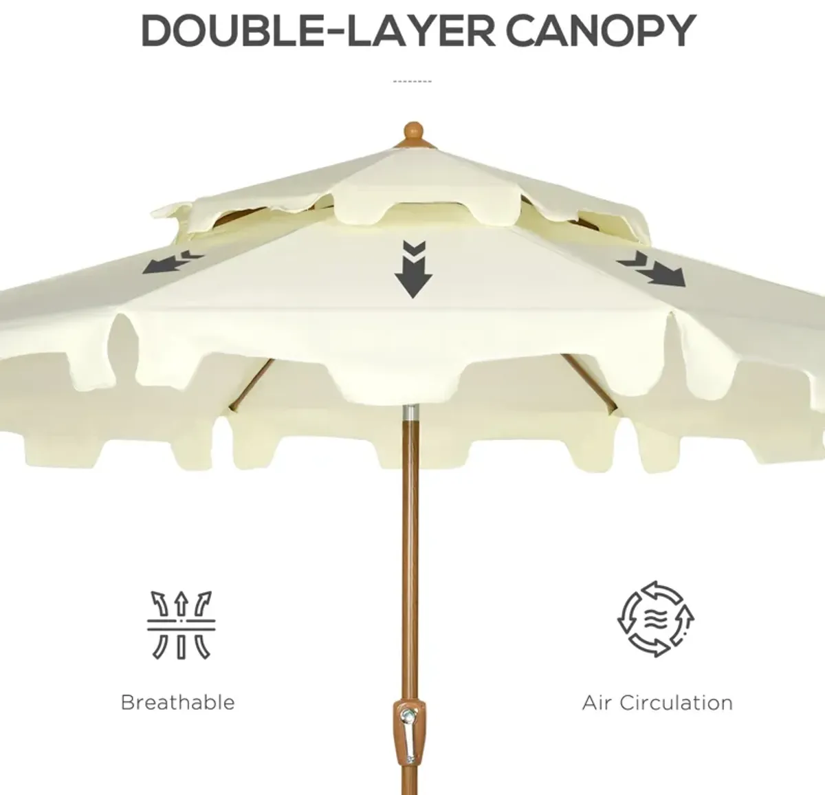 Cream White Patio Shade: 9' Umbrella with Double Top Ruffles & Tilt