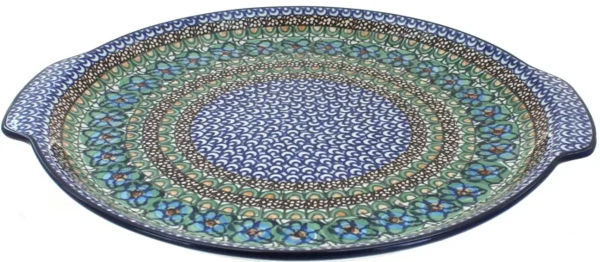Blue Rose Polish Pottery Peacock Swirl Round Serving Tray with Handles