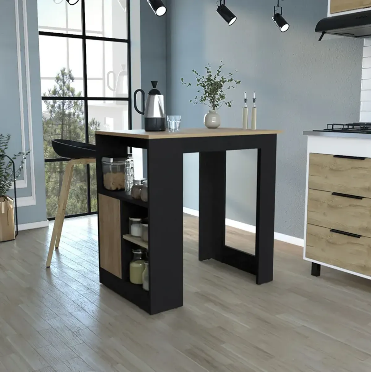 DEPOT E-SHOP Masset Kitchen Island 36" H with Side Shelves and Push-to-Open Cabinet, Black / Natural Oak