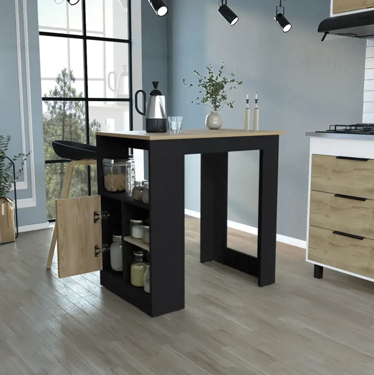 DEPOT E-SHOP Masset Kitchen Island 36" H with Side Shelves and Push-to-Open Cabinet, Black / Natural Oak