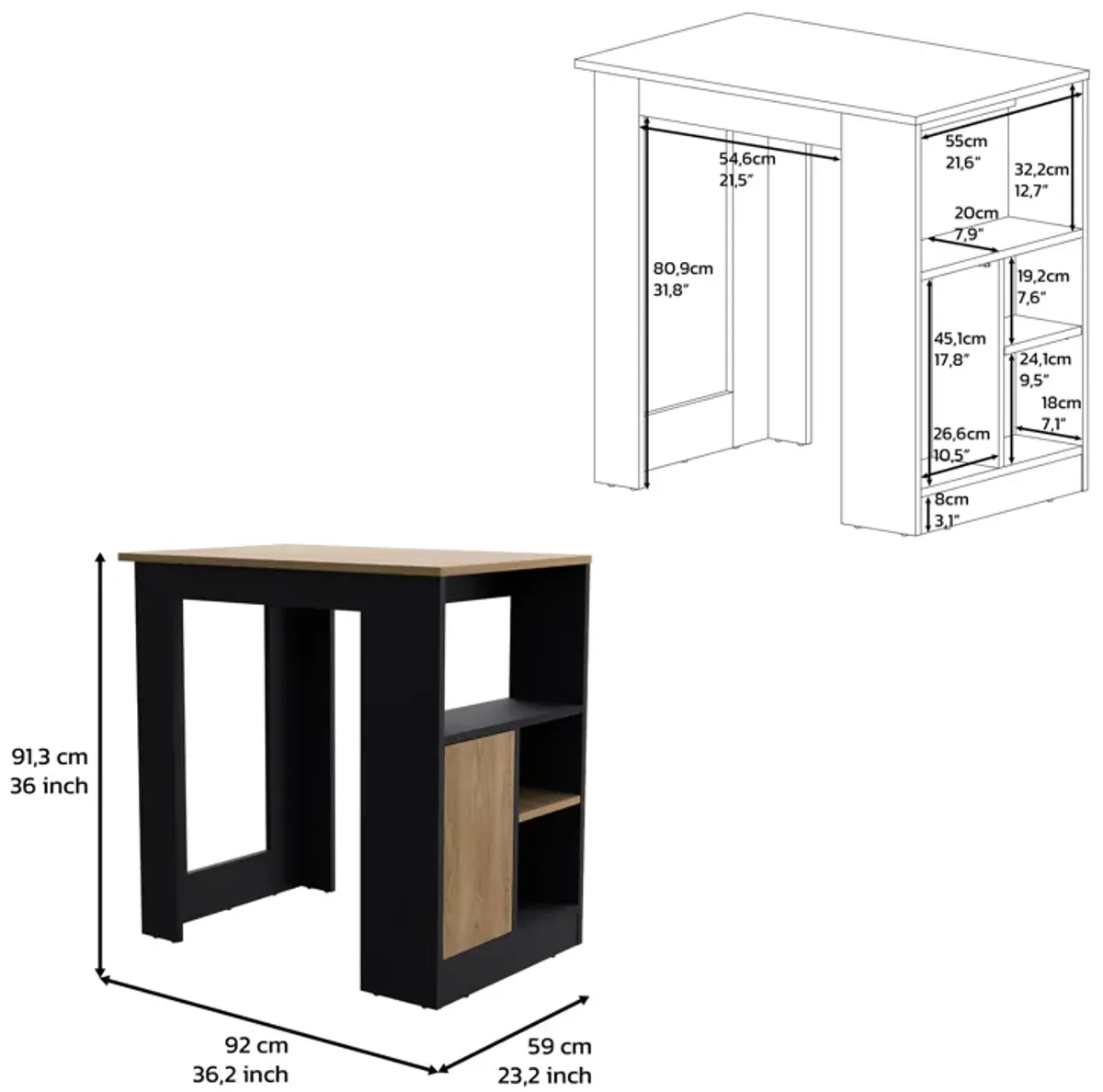 DEPOT E-SHOP Masset Kitchen Island 36" H with Side Shelves and Push-to-Open Cabinet, Black / Natural Oak