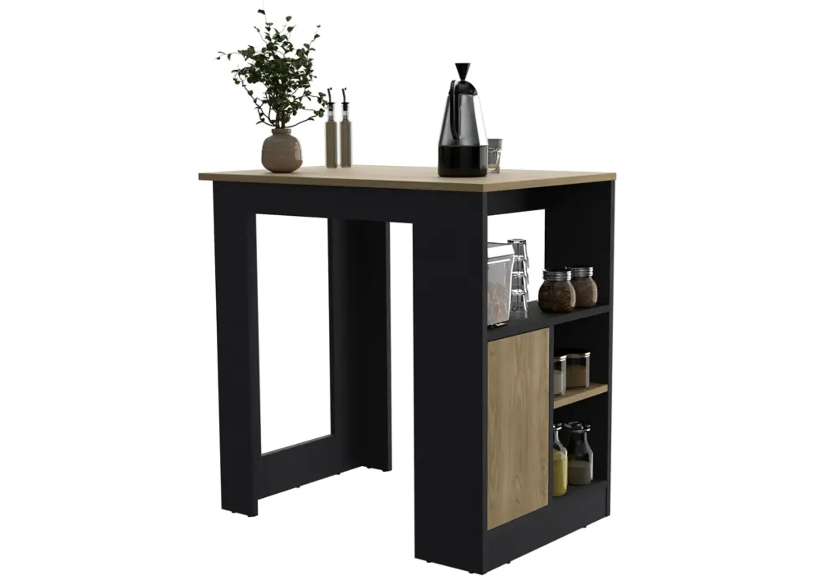 DEPOT E-SHOP Masset Kitchen Island 36" H with Side Shelves and Push-to-Open Cabinet, Black / Natural Oak