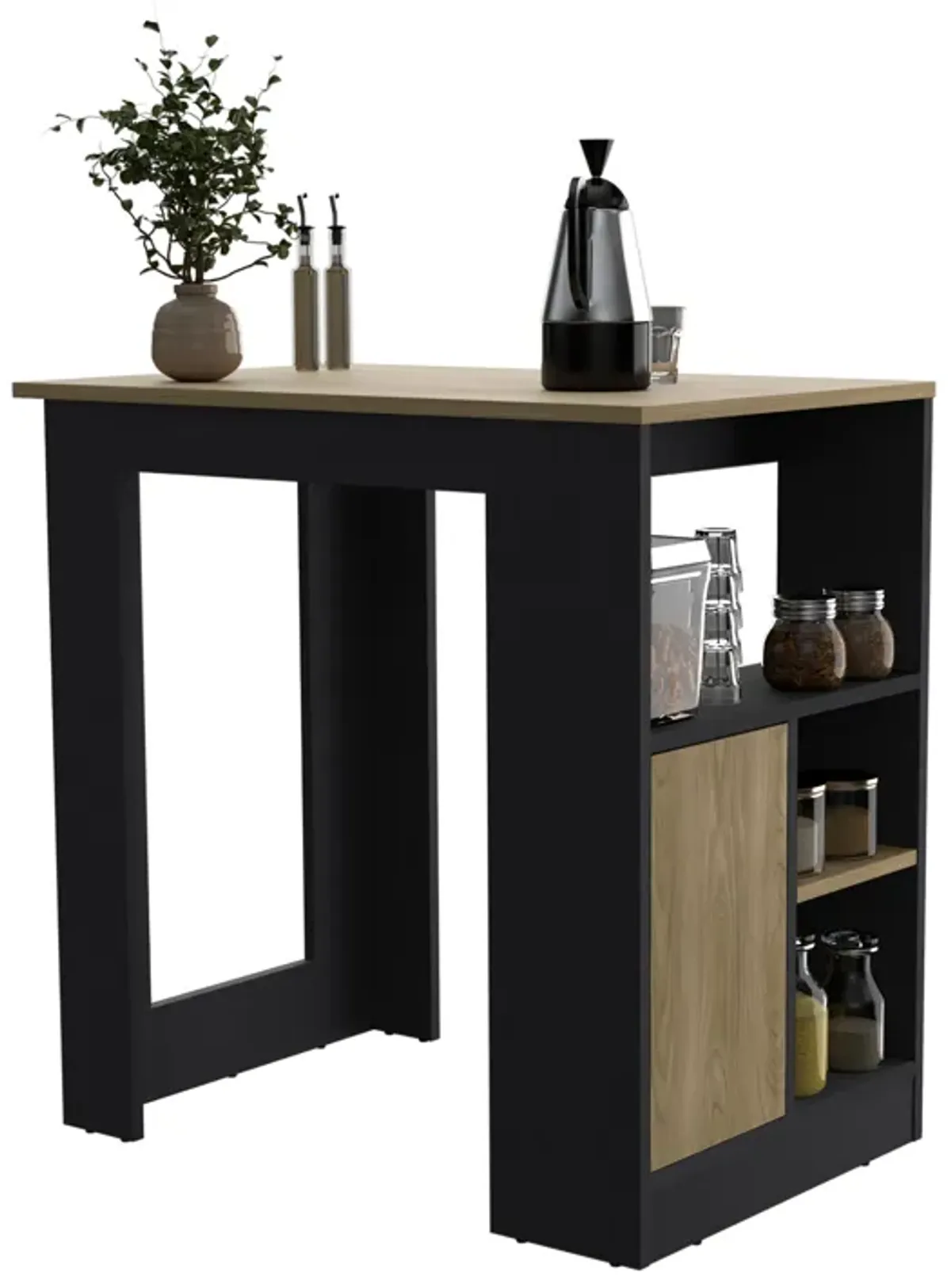 DEPOT E-SHOP Masset Kitchen Island 36" H with Side Shelves and Push-to-Open Cabinet, Black / Natural Oak