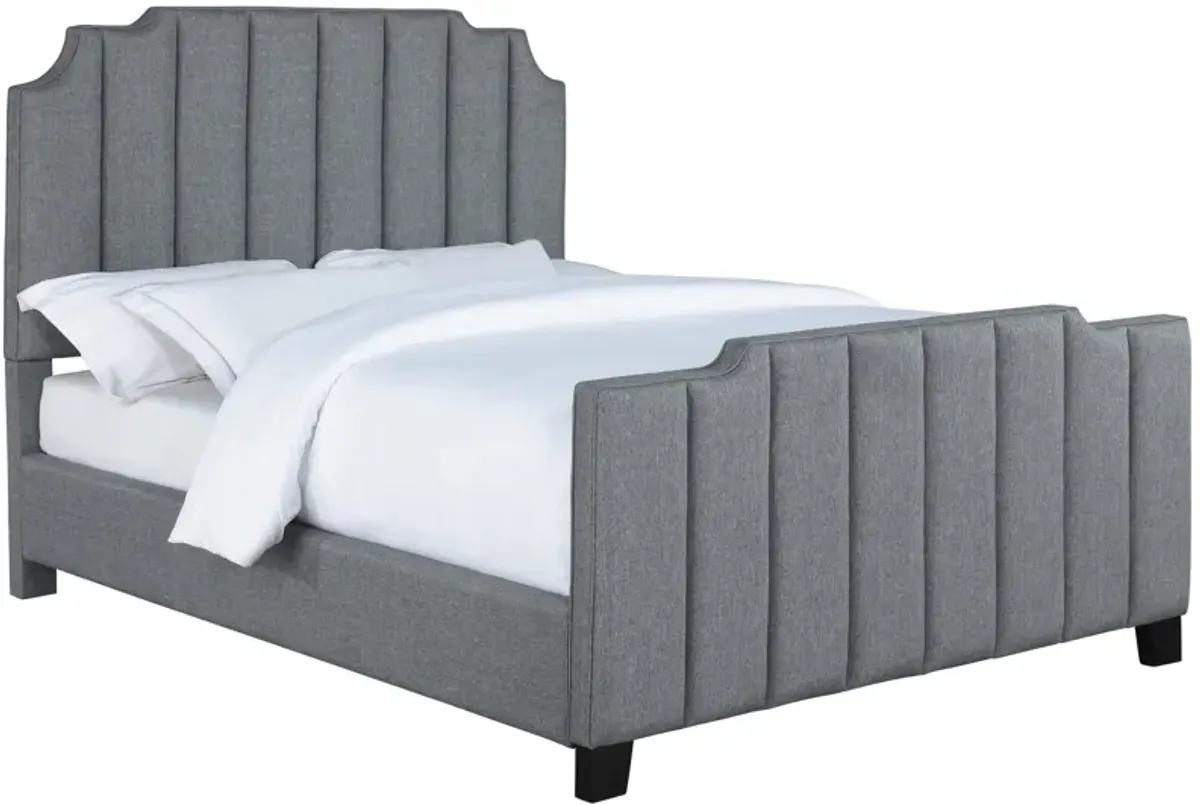 Ion King Bed, Scalloped, Vertical Channel Tufted Gray Fabric Upholstered - Benzara