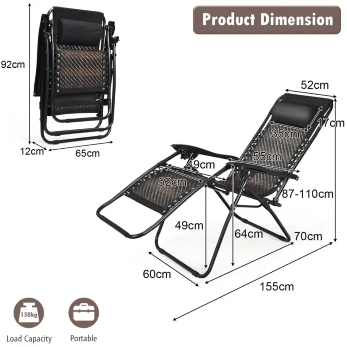 Hivvago 2 Pieces Folding Patio Rattan Zero Gravity Lounge Chair