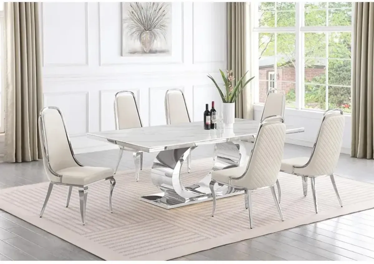 Best Quality Furniture 7pc Large (87) marble top dining set with silver base and 6 Cream side chairs
