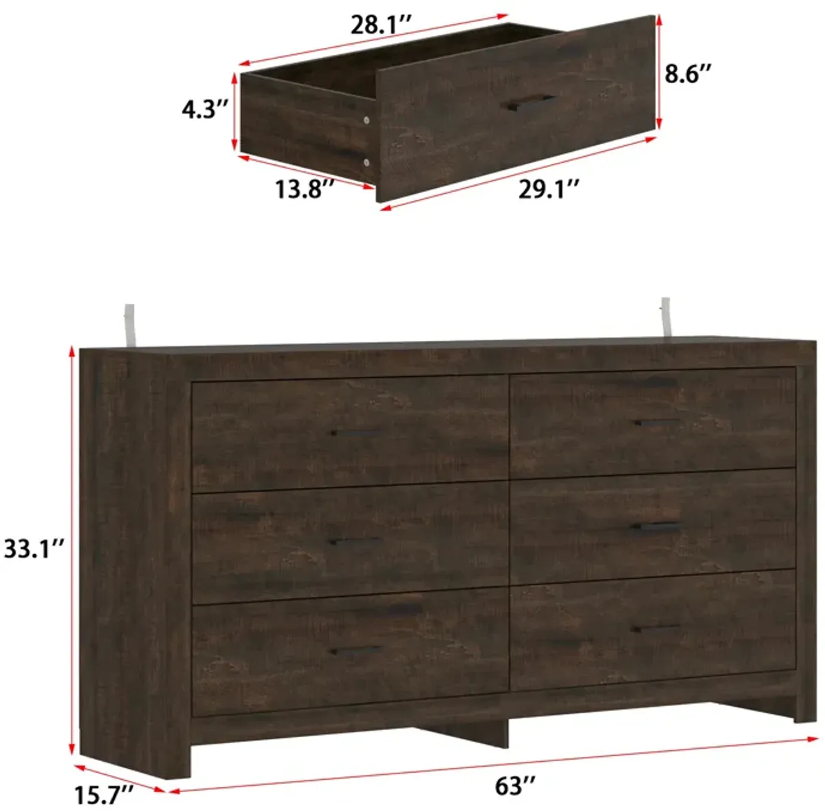 FUFU&GAGA Modern 6-Drawer Dresser for Bedroom Storage, (63" W x 15.7" D x 33.1" H),Brown