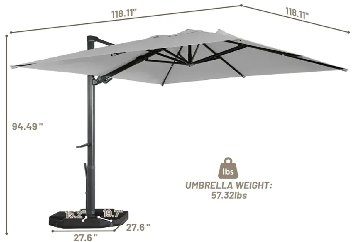 10 ft. 360 ° Rotation Outdoor Patio Cantilever Umbrella Square with Base in Gray