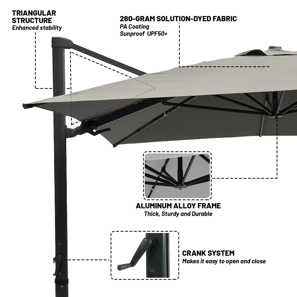 10 ft. 360 ° Rotation Outdoor Patio Cantilever Umbrella Square with Base in Gray