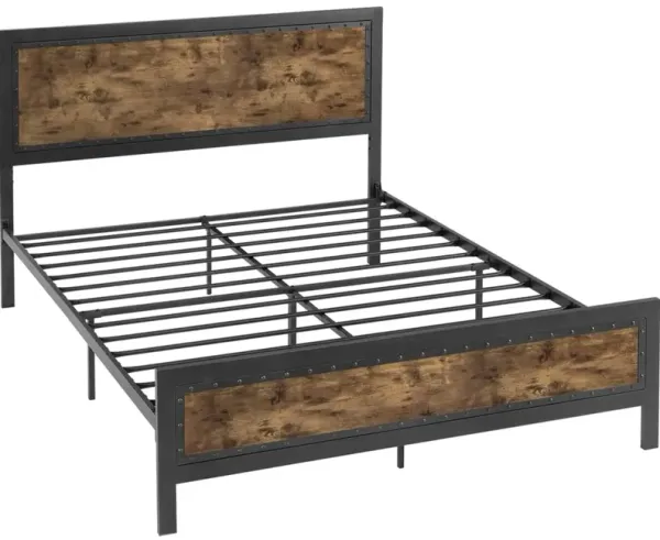 Metal Rivet Platform Bed Frame with Headboard – Rustic Wood Finish for Industrial Bedroom Style
