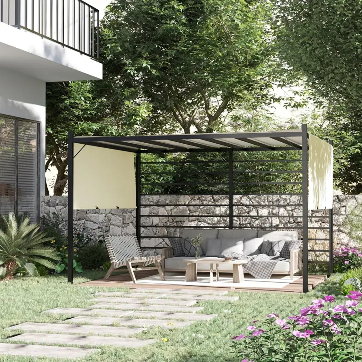 Beige Backyard Shade: 12x10 ft Outdoor Pergola with Retractable Canopy