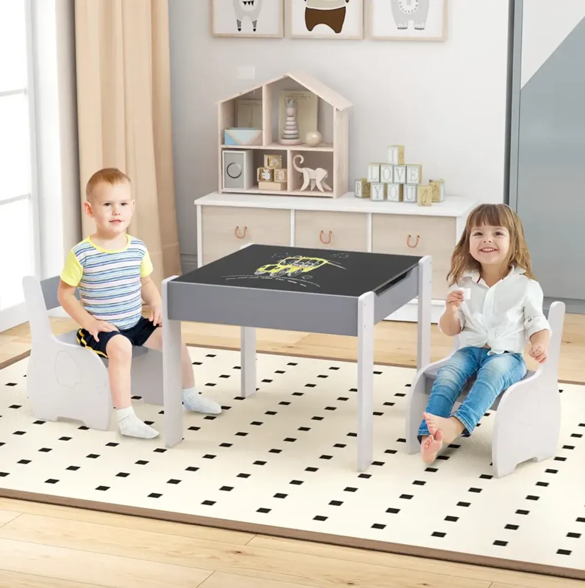 4-in-1 Wooden Activity Kids Table and Chairs with Storage and Detachable Blackboard