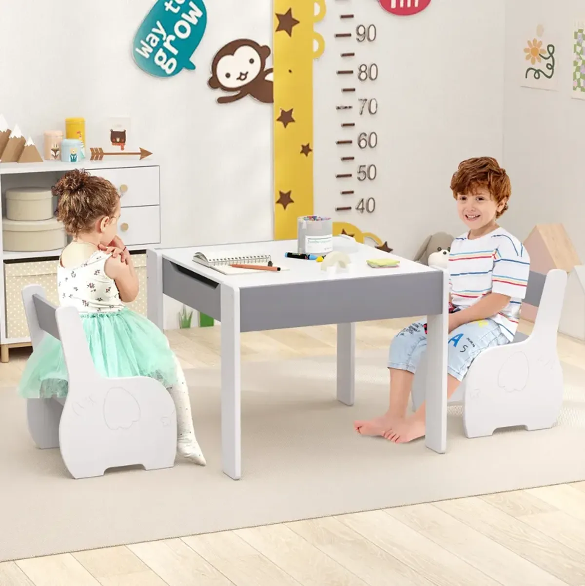 4-in-1 Wooden Activity Kids Table and Chairs with Storage and Detachable Blackboard