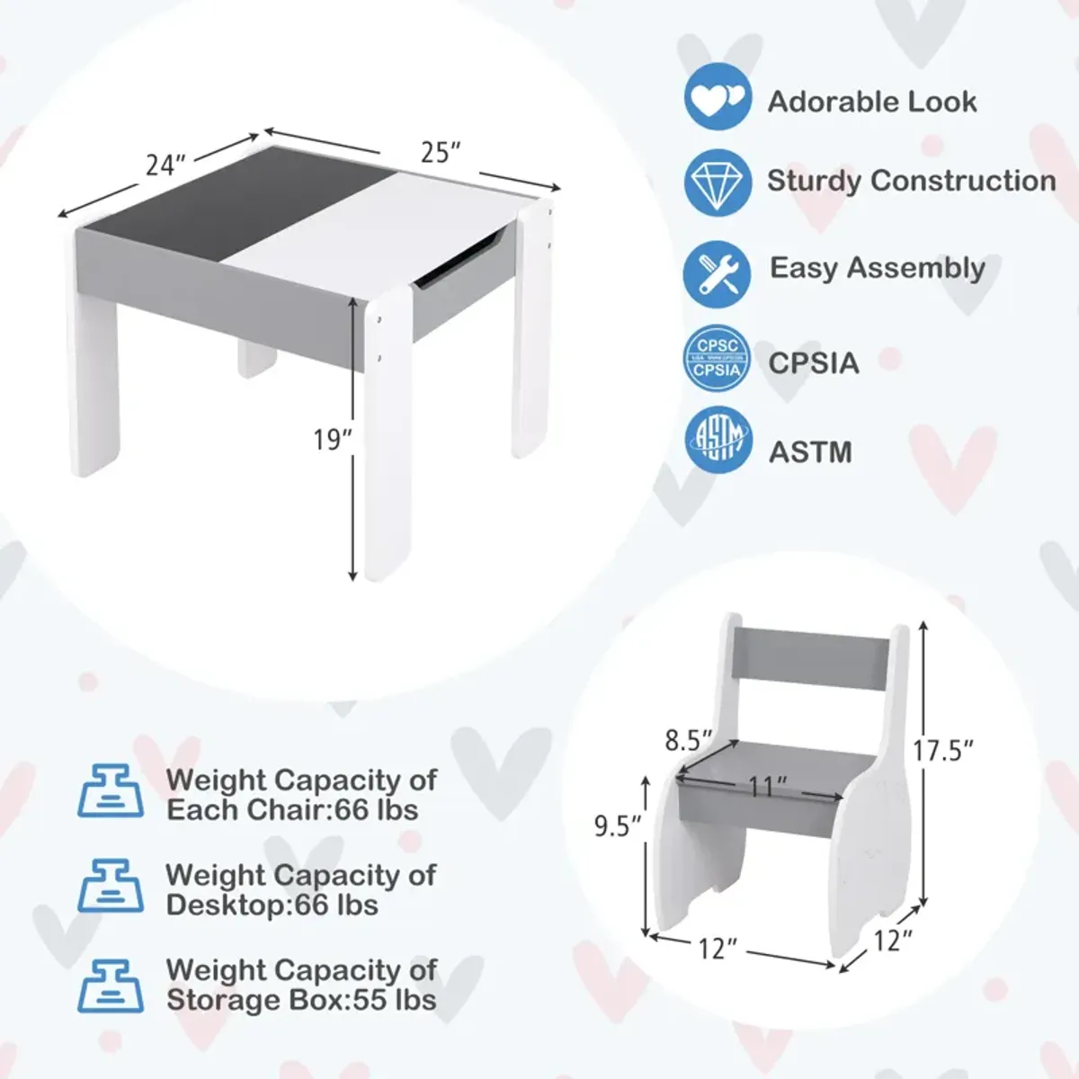 4-in-1 Wooden Activity Kids Table and Chairs with Storage and Detachable Blackboard