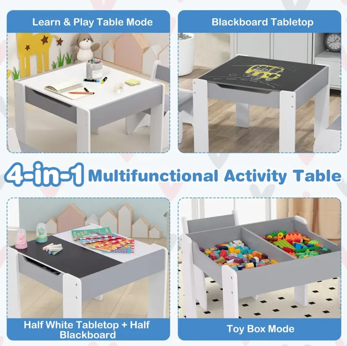 4-in-1 Wooden Activity Kids Table and Chairs with Storage and Detachable Blackboard