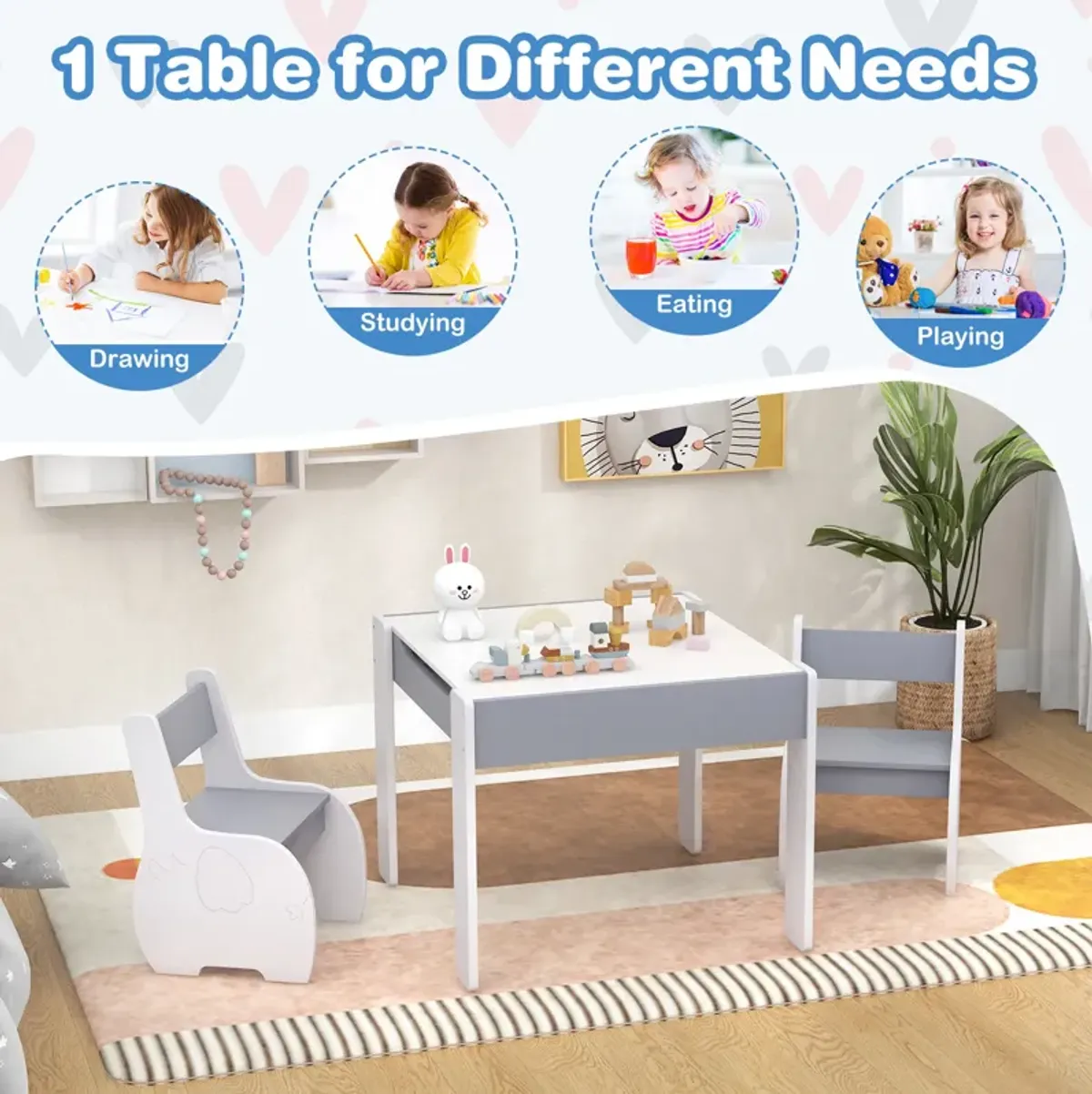 4-in-1 Wooden Activity Kids Table and Chairs with Storage and Detachable Blackboard