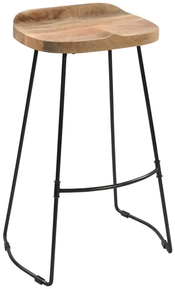Tiva 30 Inch Handcrafted Backless Barstool, Natural Brown Mango Wood Saddle Seat, Black Metal Base-Benzara