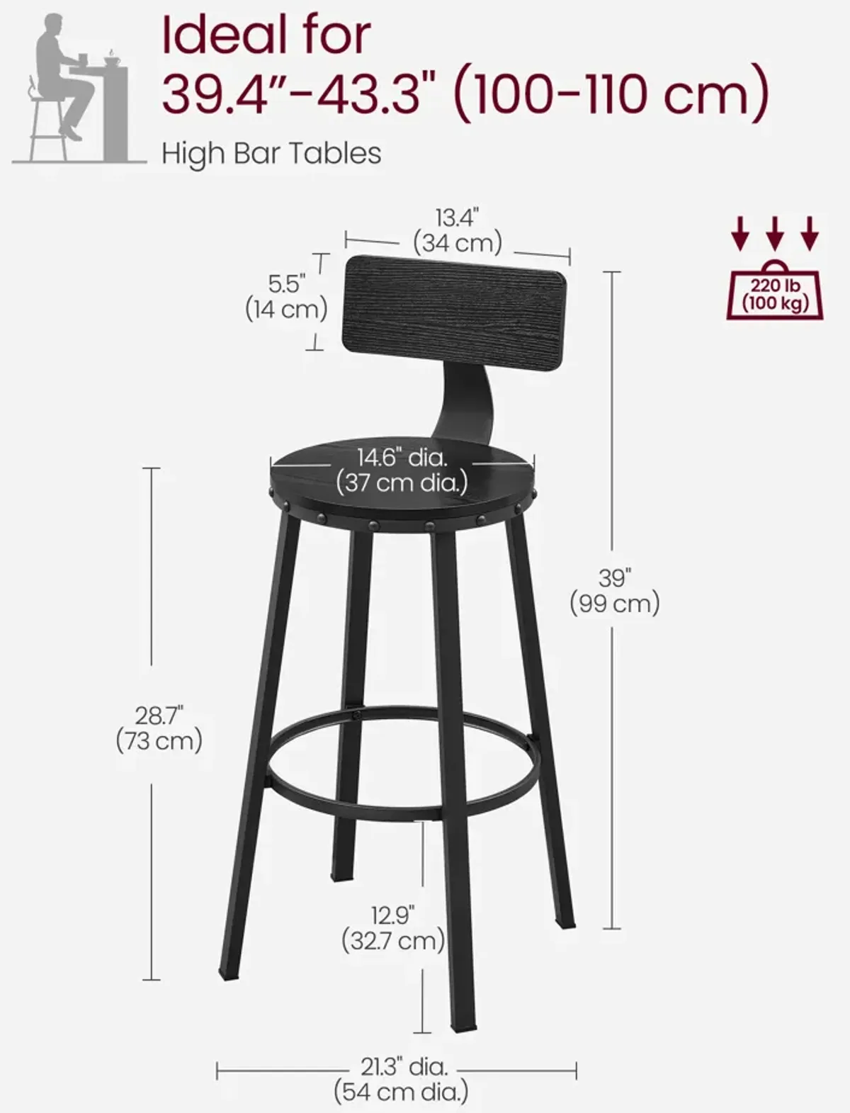 Set of 2 Tall Bar Stools with Backrest – Heavy-Duty Steel Frame for Kitchen