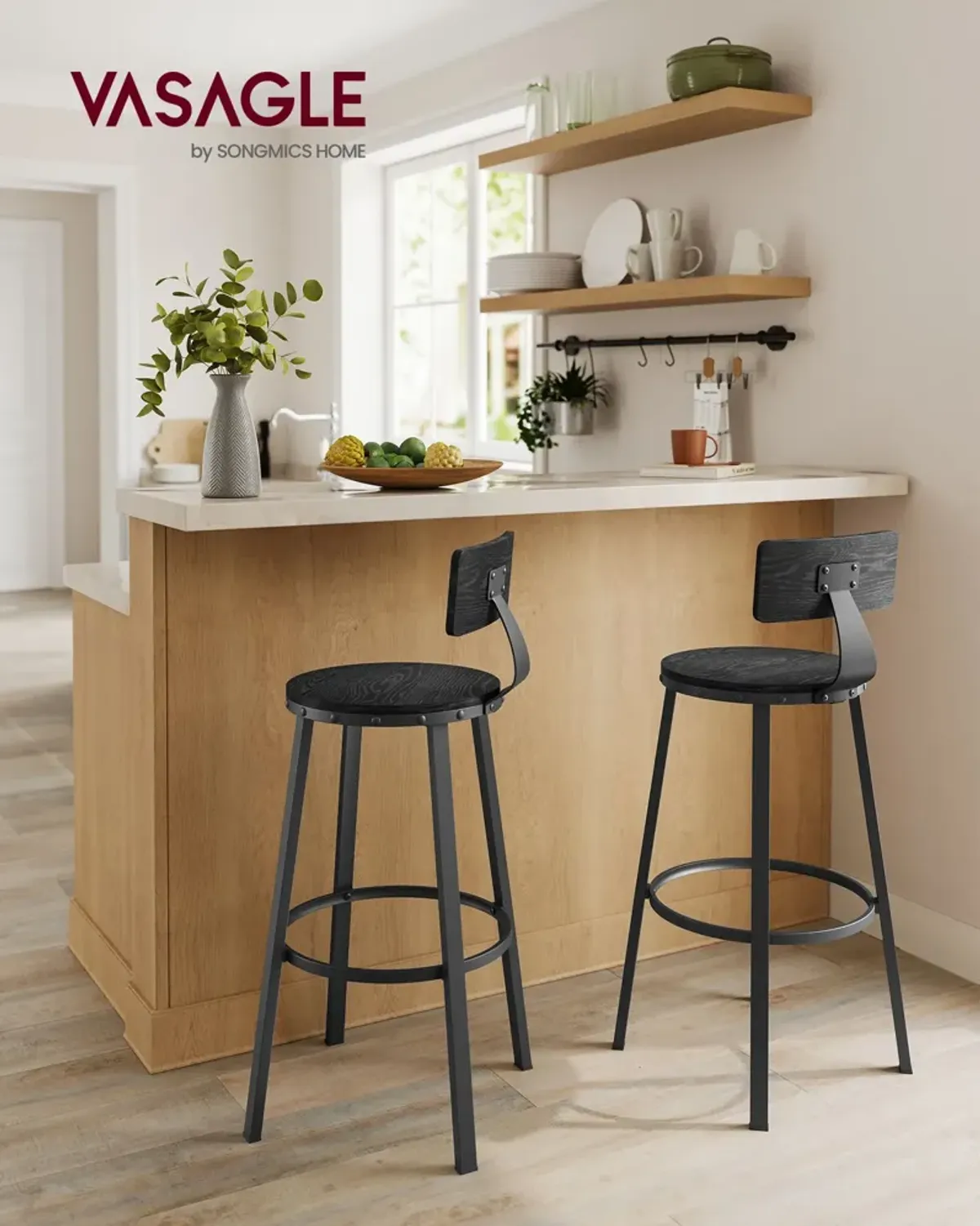 Set of 2 Tall Bar Stools with Backrest – Heavy-Duty Steel Frame for Kitchen