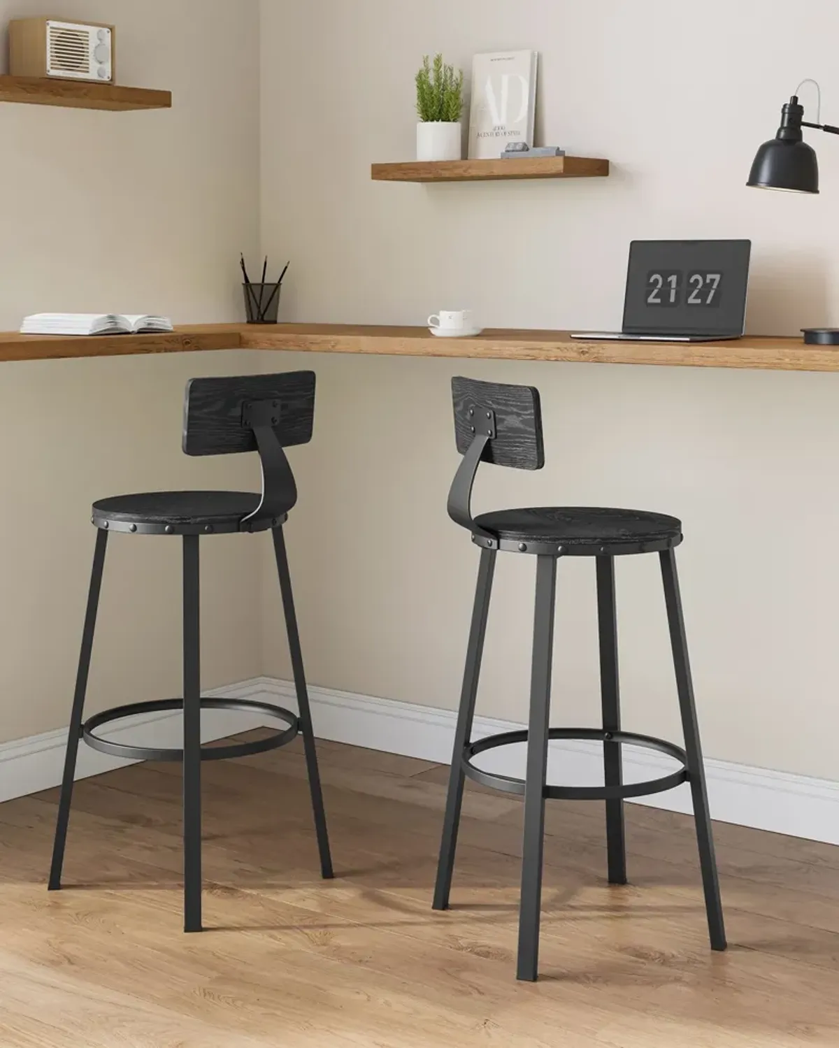 Set of 2 Tall Bar Stools with Backrest – Heavy-Duty Steel Frame for Kitchen