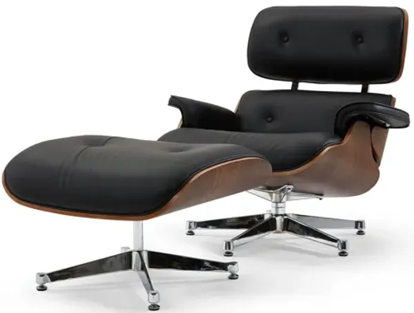 Pasargad Home Portfino Leather Lounge Chair with Ottoman (Black)