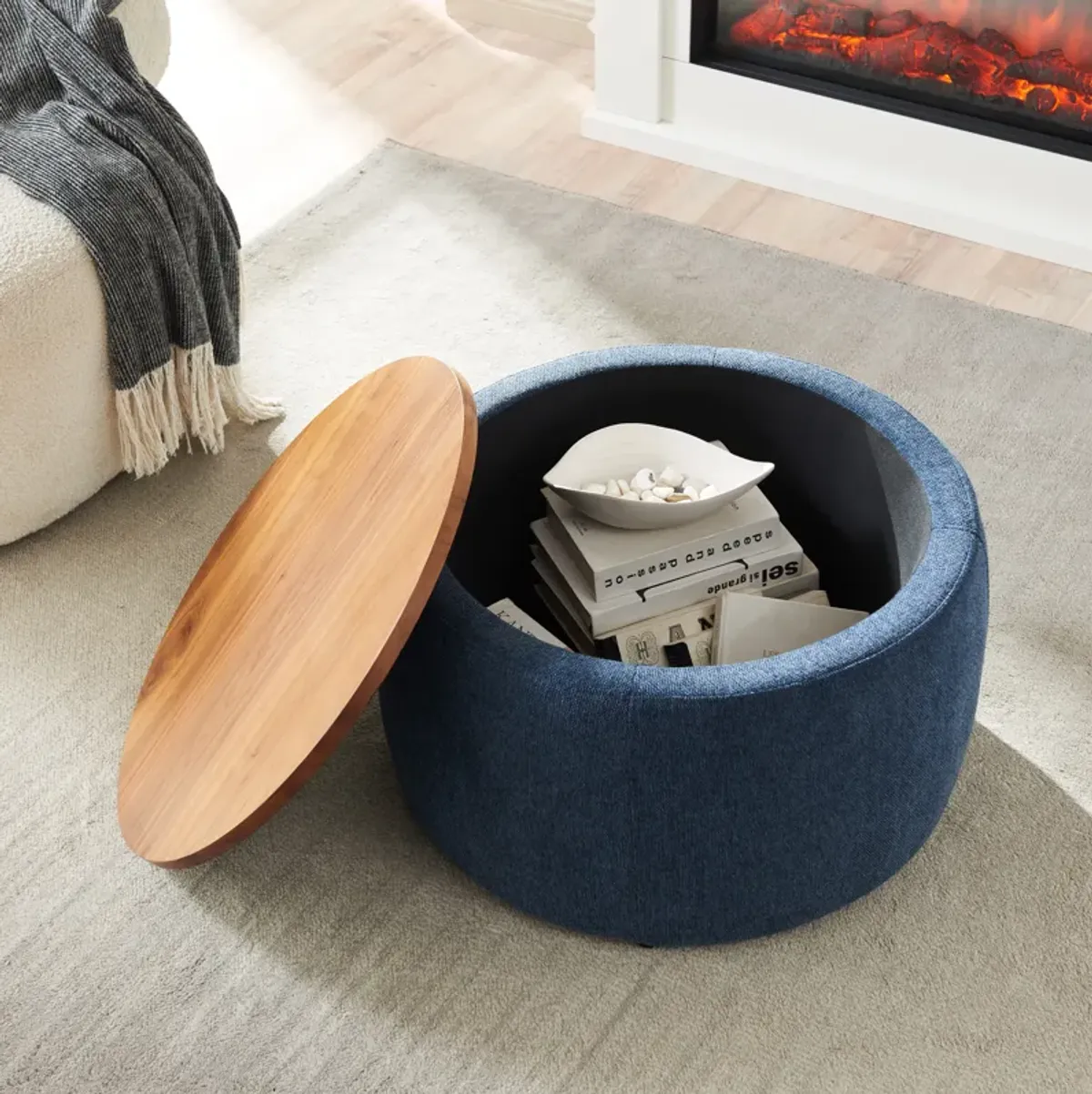 Hivvago 2 in 1 Round Storage Organizer and Foot Stool with Wooden Lid