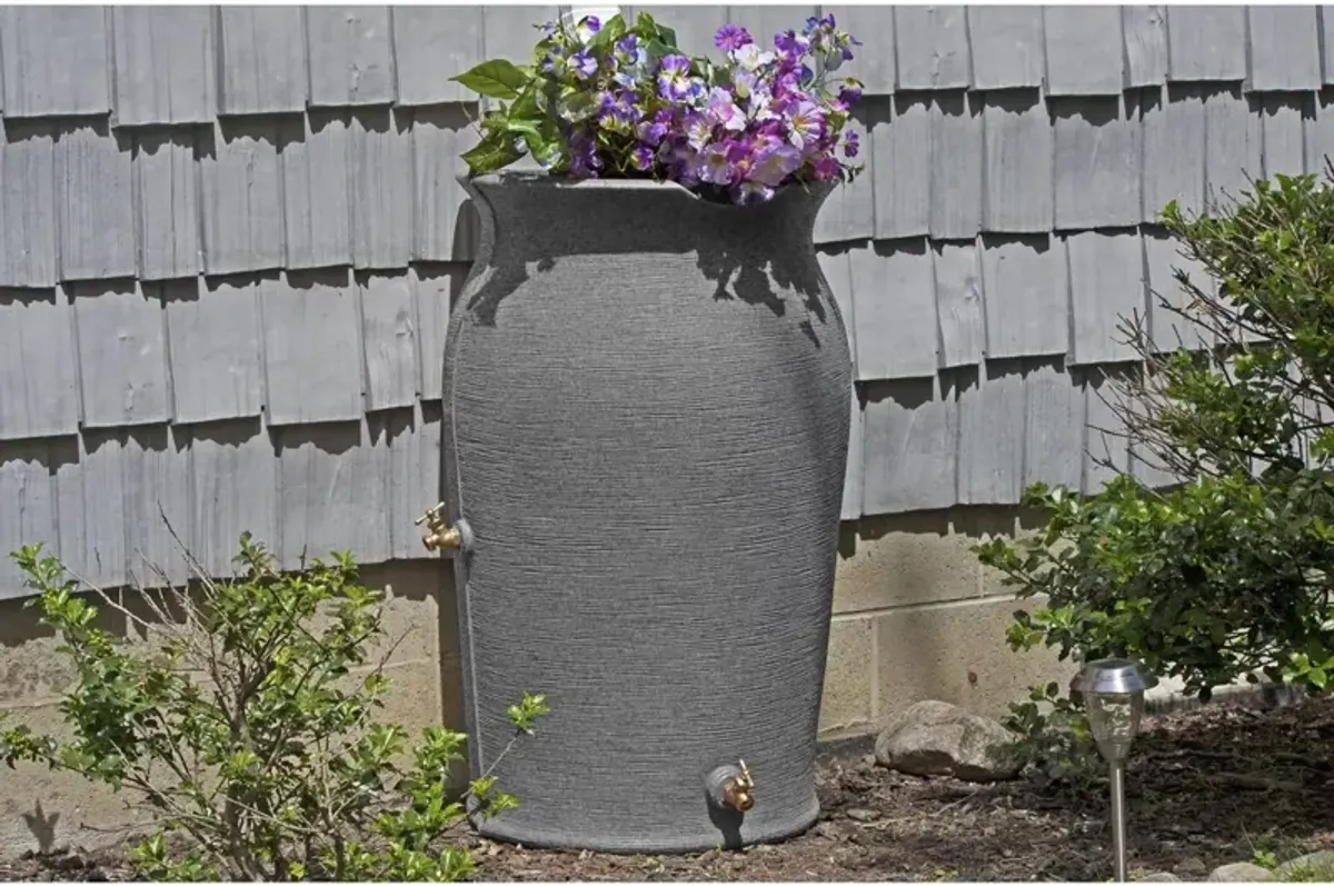 Hivvago Dark Grey Granite 50-Gallon Plastic Urn Rain Barrel with Planter Top