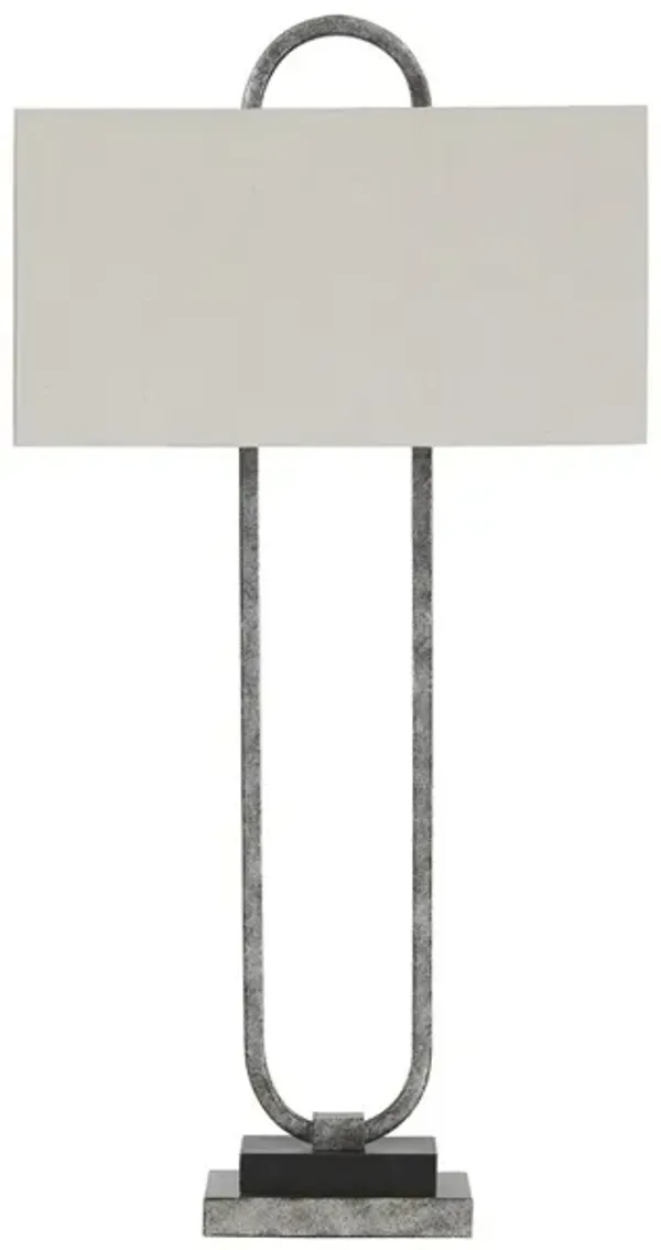 Open Capsule Metal Body Table Lamp with Fabric Drum Shade, Gray and White-Benzara