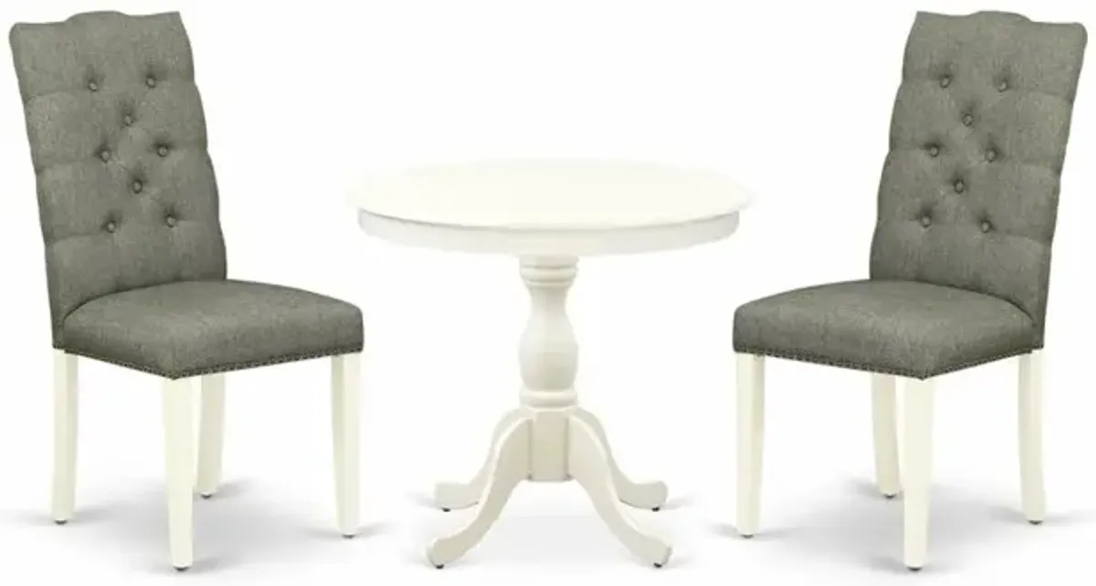 AMEL3-LWH-07 3 Piece Dining Set - 1 Round Pedestal Table and 2 Smoke Dining Room Chairs - Linen White Finish