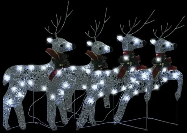 Outdoor 4 Reindeer Christmas Decor, 80 Cool White LEDs, Silver Metal - Benzara