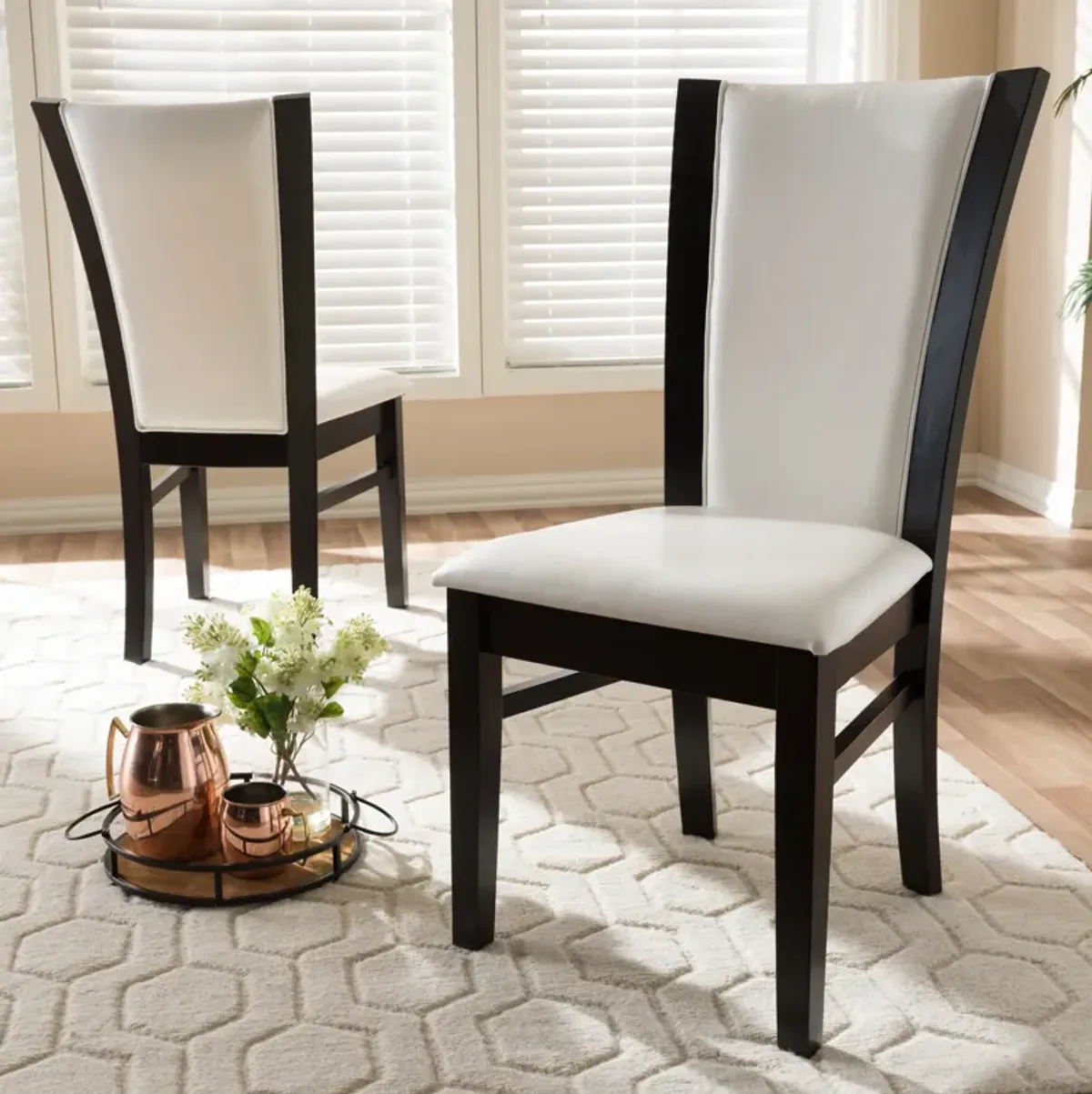 Set of 2 Baxton Studio Adley Modern Dark Brown Finished White Faux Leather Dining Chairs