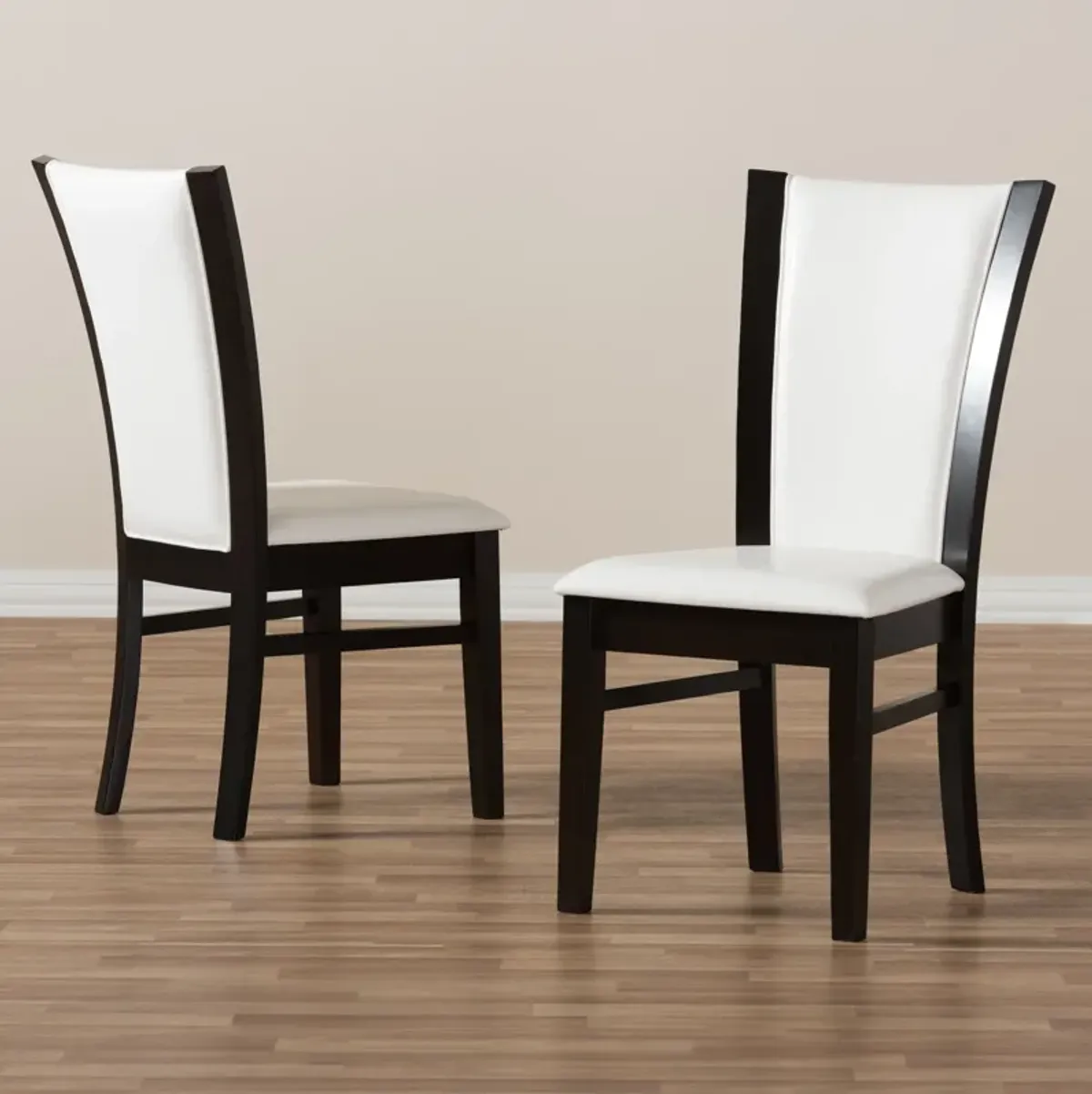 Set of 2 Baxton Studio Adley Modern Dark Brown Finished White Faux Leather Dining Chairs