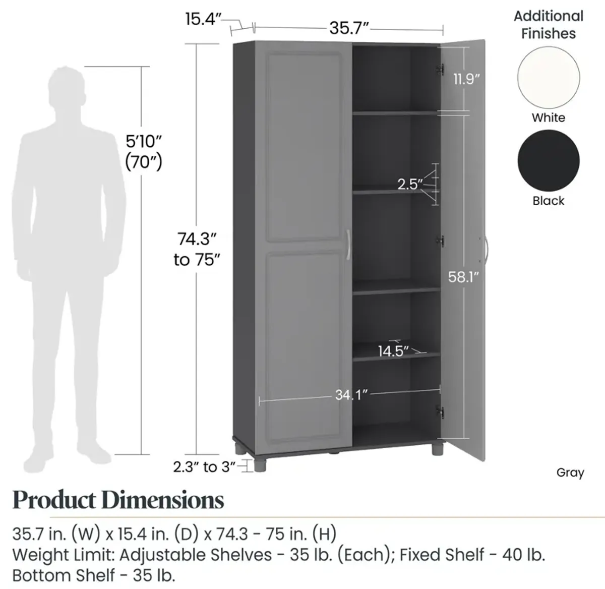 Kendall 36" Utility Storage Cabinet, Black