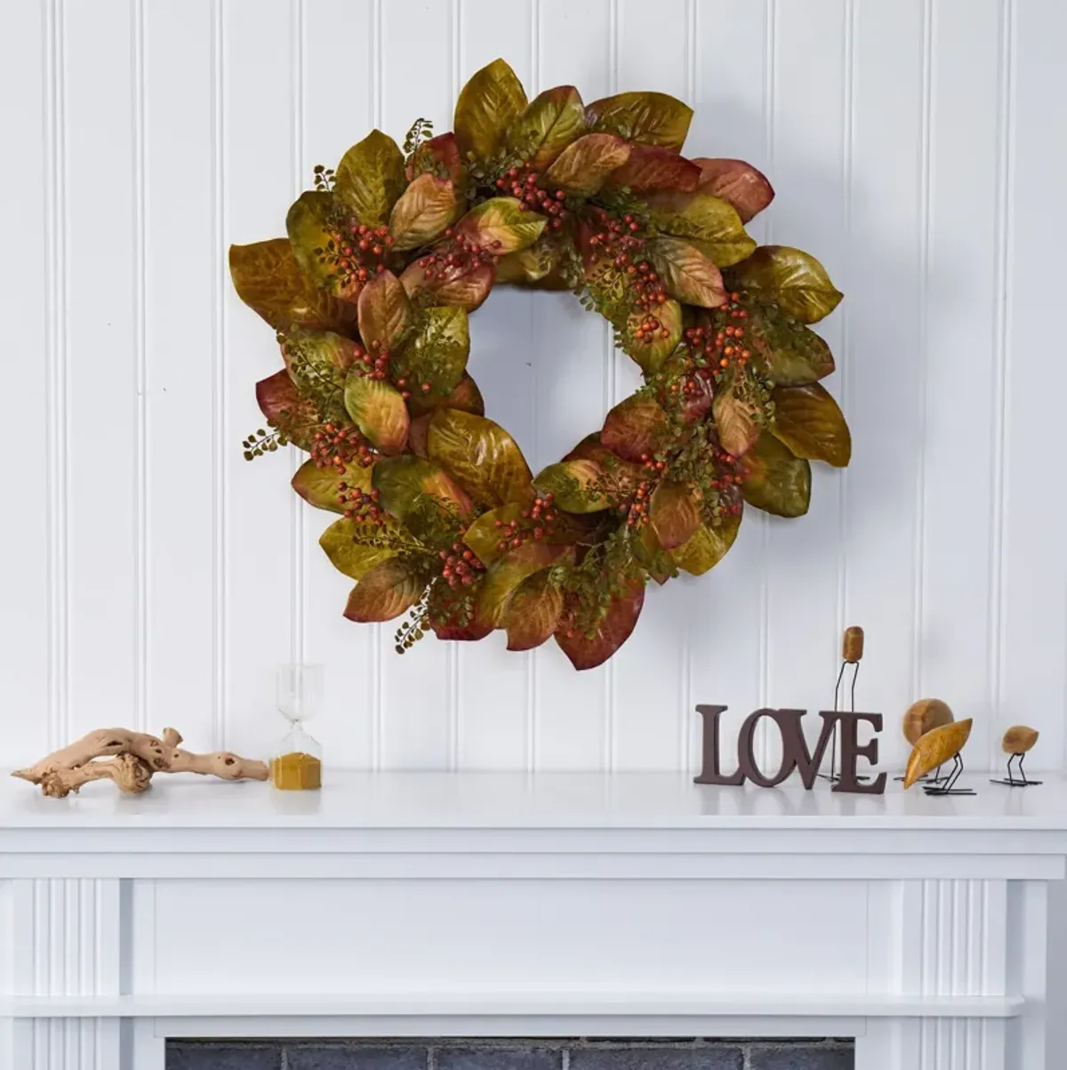 Hivvago 30" Fall Magnolia Leaf and Berries Artificial Wreath