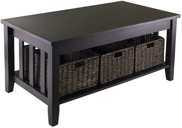 2-Tier Coffee Table with 3 Storage Baskets – Wooden Occasional Table for Living Room