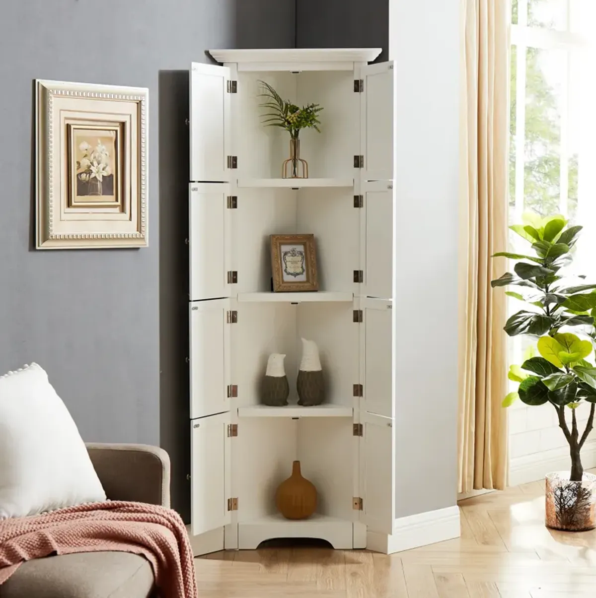 Modern White Tall Storage Cabinet with Doors and 4 Shelves