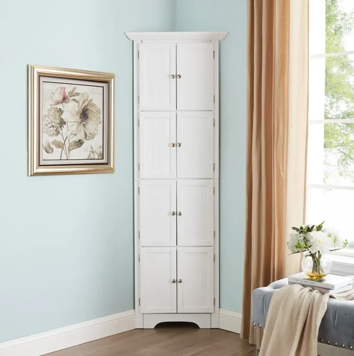 Modern White Tall Storage Cabinet with Doors and 4 Shelves