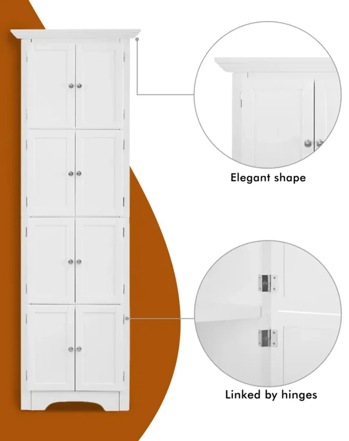 Modern White Tall Storage Cabinet with Doors and 4 Shelves