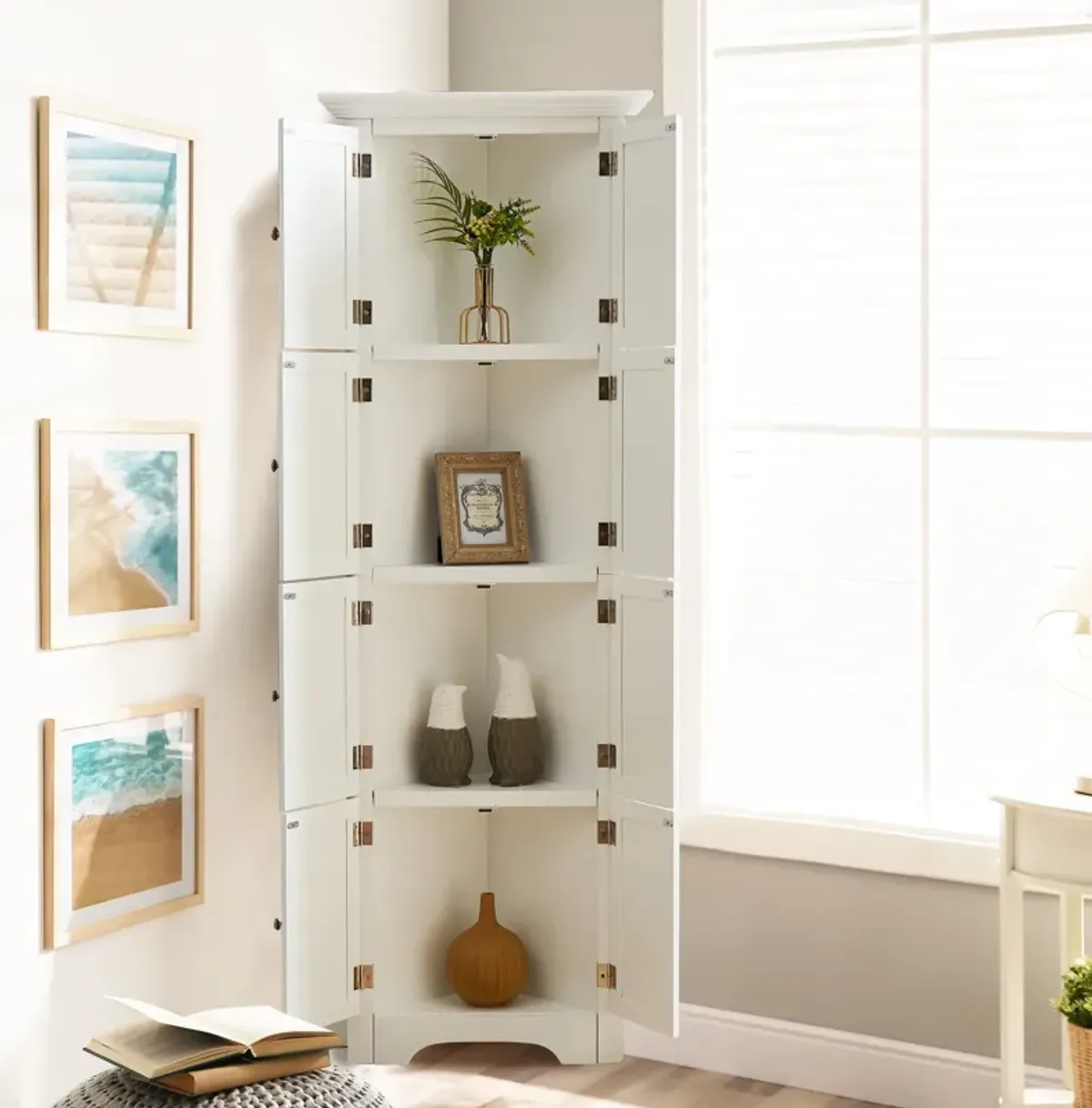 Modern White Tall Storage Cabinet with Doors and 4 Shelves