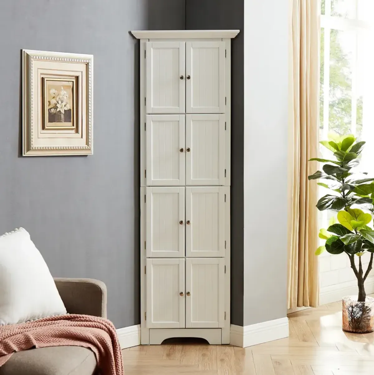 Modern White Tall Storage Cabinet with Doors and 4 Shelves