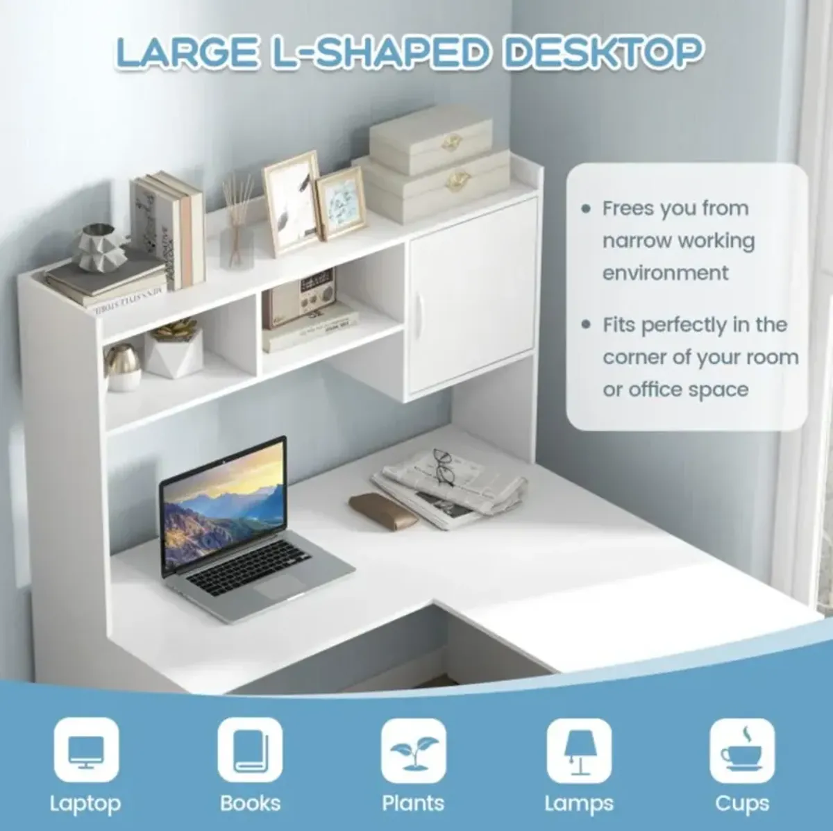 Hivvago L-Shaped Desk Corner Computer Desk with Open Storage Hutch and Cabinet