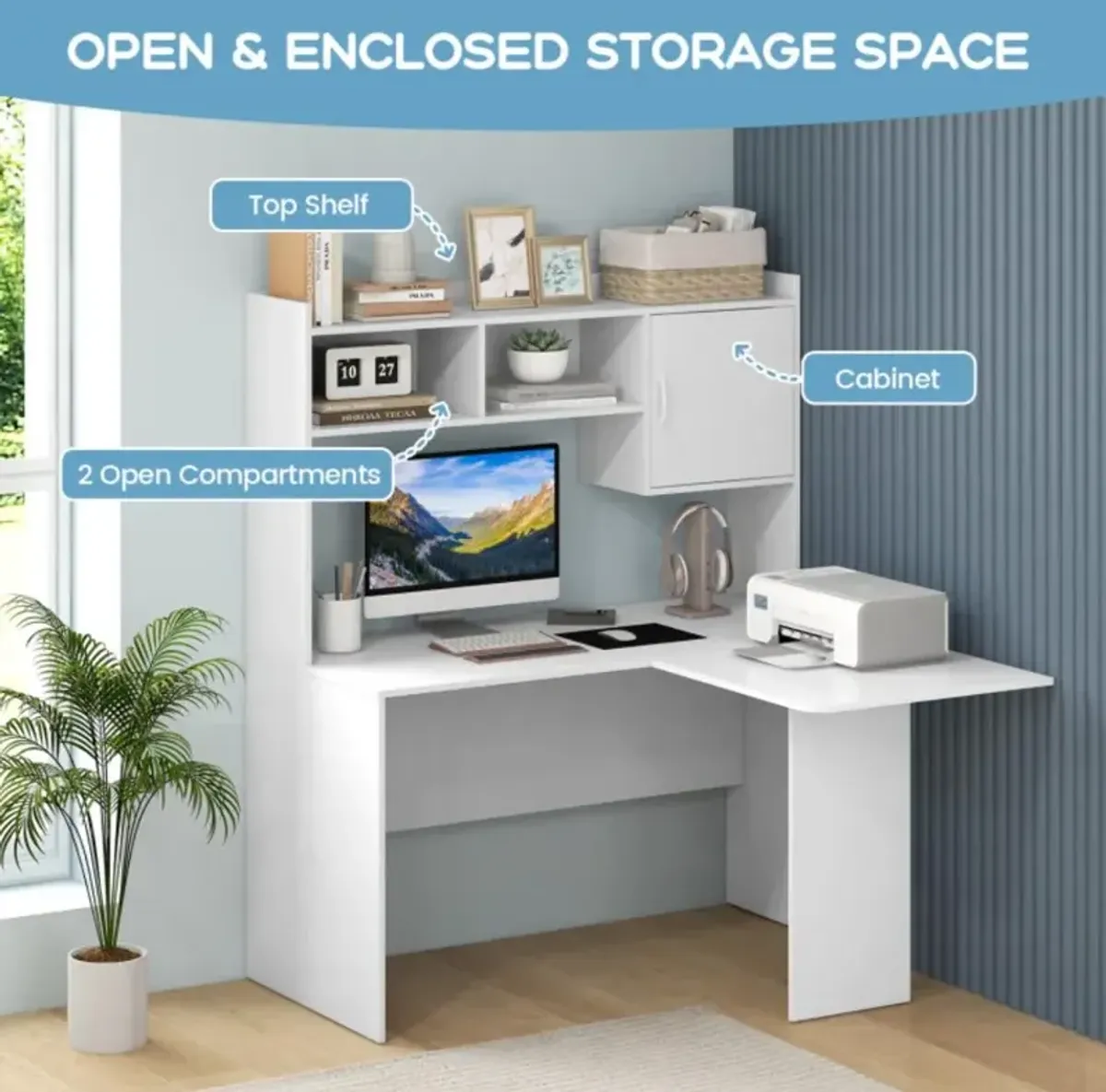 Hivvago L-Shaped Desk Corner Computer Desk with Open Storage Hutch and Cabinet