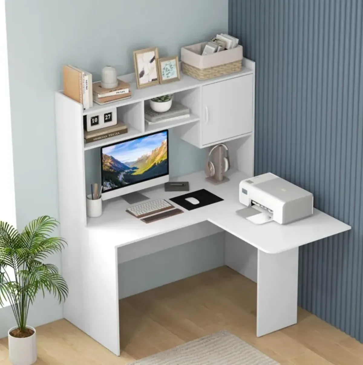 Hivvago L-Shaped Desk Corner Computer Desk with Open Storage Hutch and Cabinet