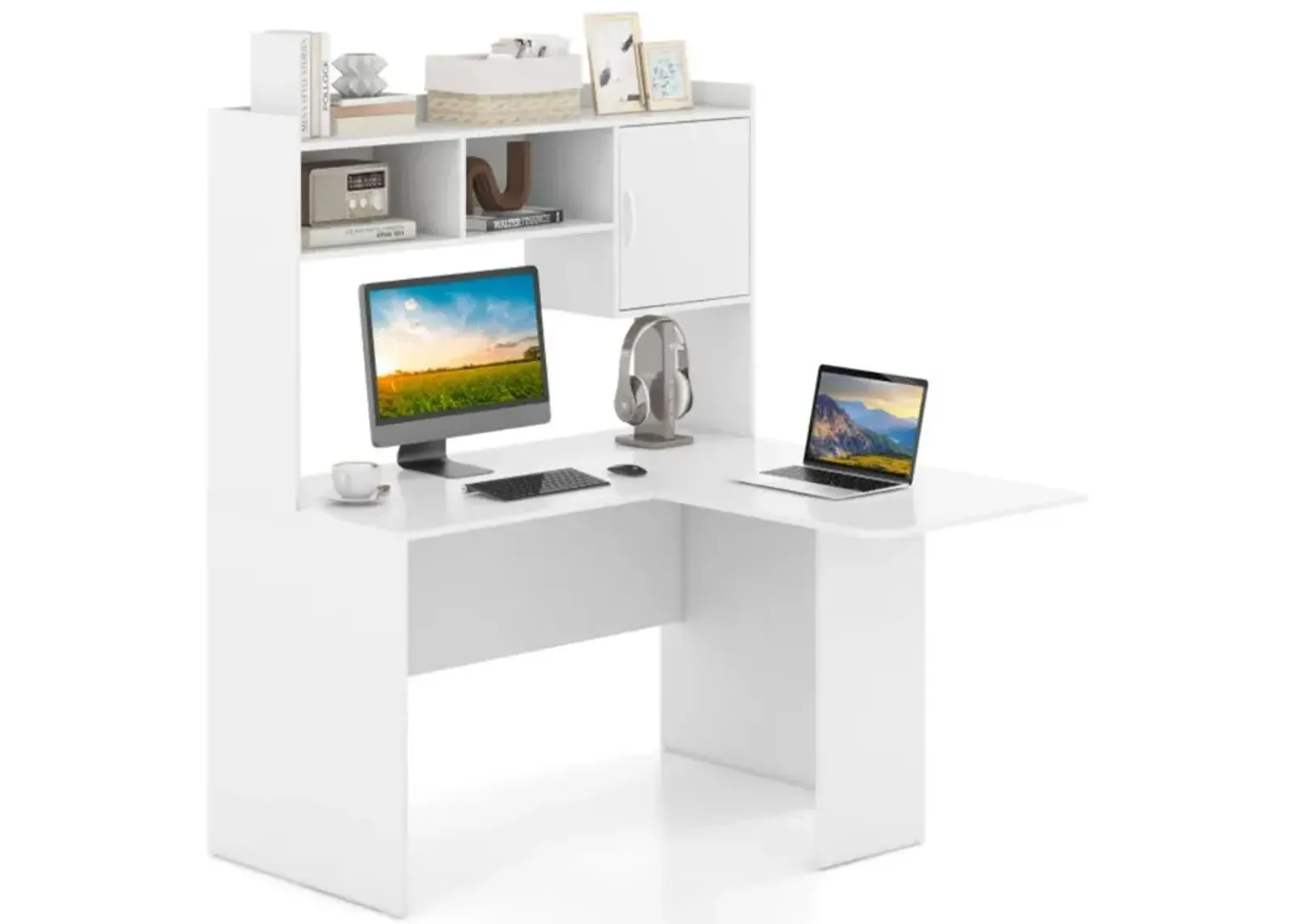 Hivvago L-Shaped Desk Corner Computer Desk with Open Storage Hutch and Cabinet