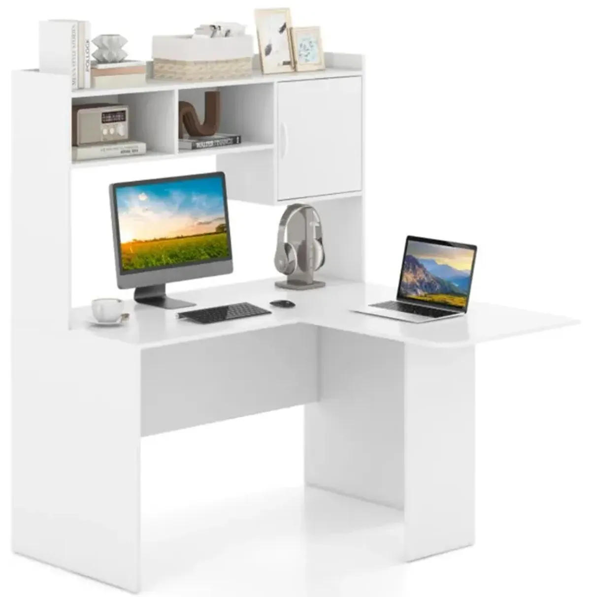 Hivvago L-Shaped Desk Corner Computer Desk with Open Storage Hutch and Cabinet